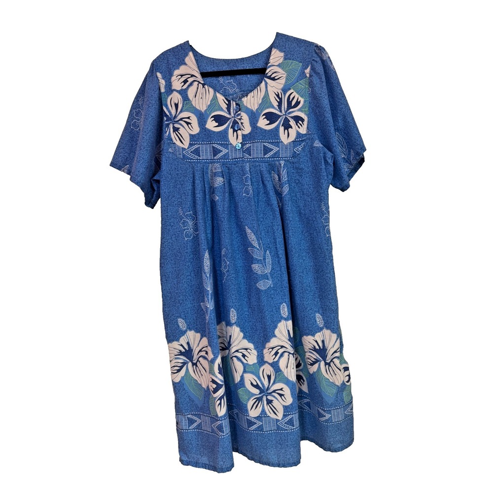Kaftan House Coat Patio Dress XL Blue Hawaiian Tropical Floral 3 Button Pockets